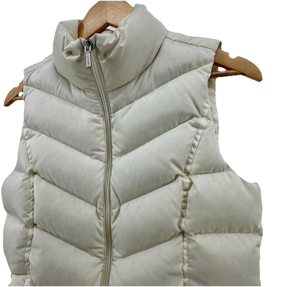 Lands End Womens XS 2-4 Cream Down Feather Puffer Vest Chevron Quilted Full Zip